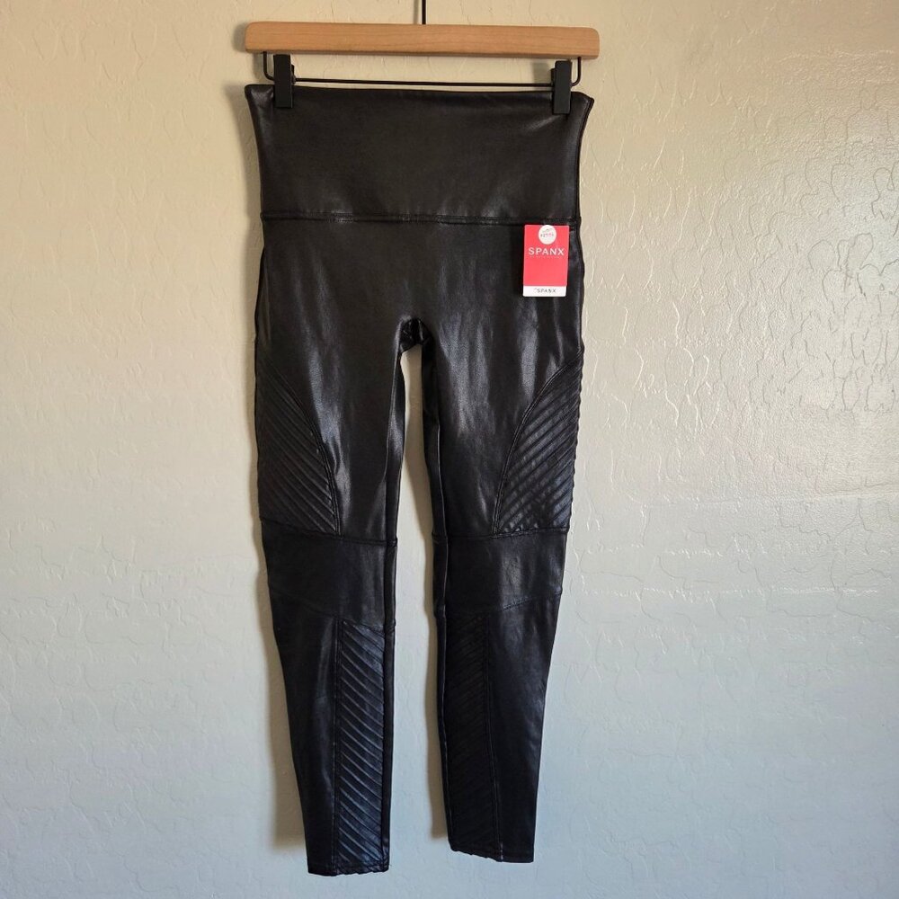 SPANX Faux Leather Moto Leggings Stretch Very Black Sz Women's Large Petite NEW
